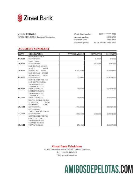 Extrato bancário do Uzbequistão Ziraat, modelo Excel e formato PDF